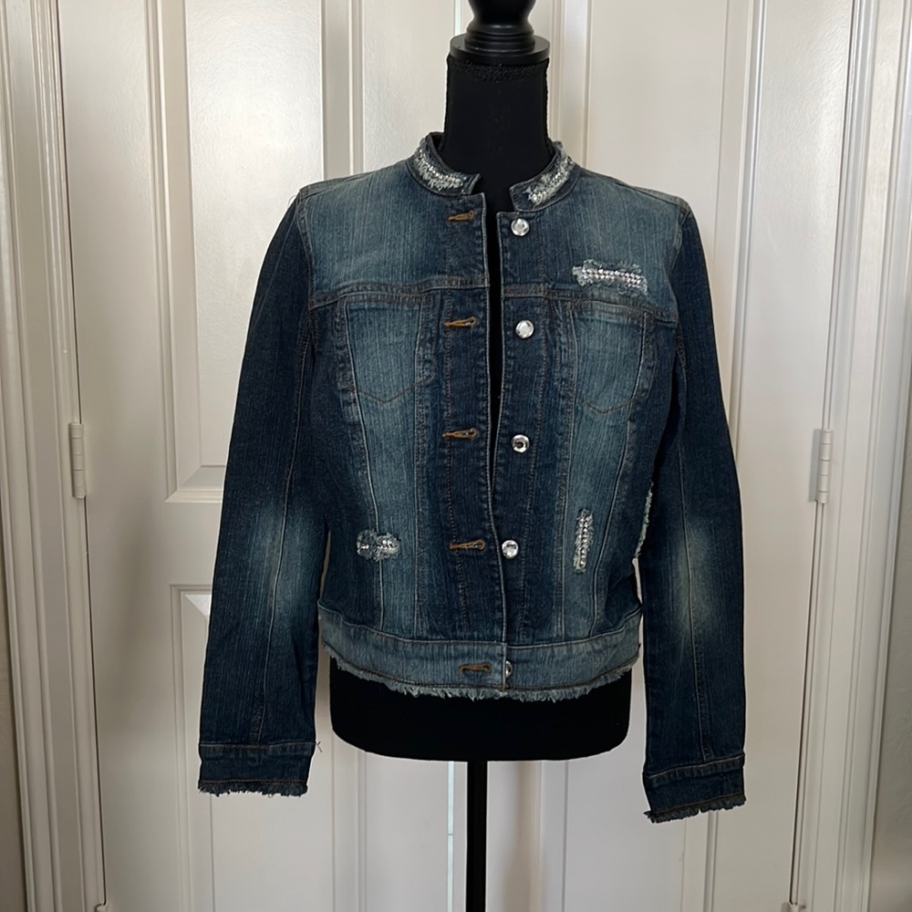 INC international concepts embellished distressed denim jacket